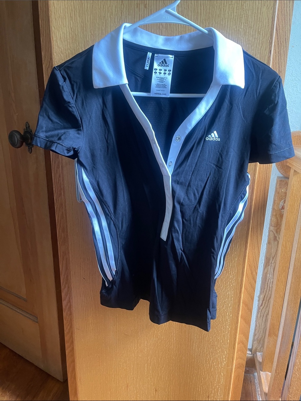 adidas Black Polo Top with White Collar and Side Stripes